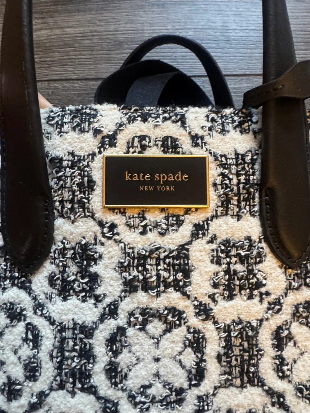Kate Spade Black and White Textured Tote with Flowers